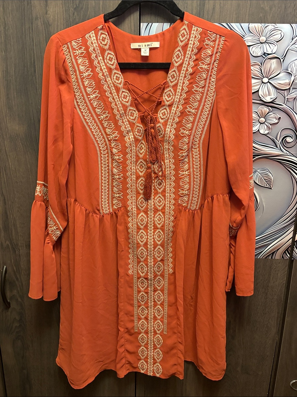miami Orange Boho Embroidered Long-Sleeve Tunic Dress